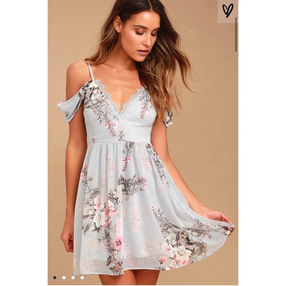 Lulus Dresses & Skirts - Lulus Blue Floral Print Off-Shoulder Lace Dress